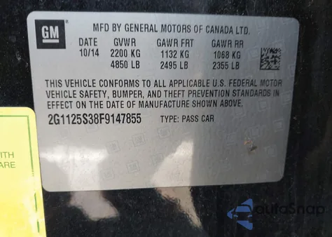 2015 Chevrolet Impala 2Lt z USA, uszkodzony, nr VIN 2G1125S38F9147855